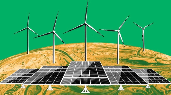 Illustration of wind turbines and solar panels